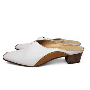 Luca Grossi White Pebble Leather Mules Women’s Italian Pointed Square Front 38